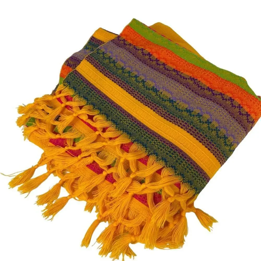 Ethnic Throw Boho Blanket Fringe Tassel Edge Multi Stripe Knit Accent Throw